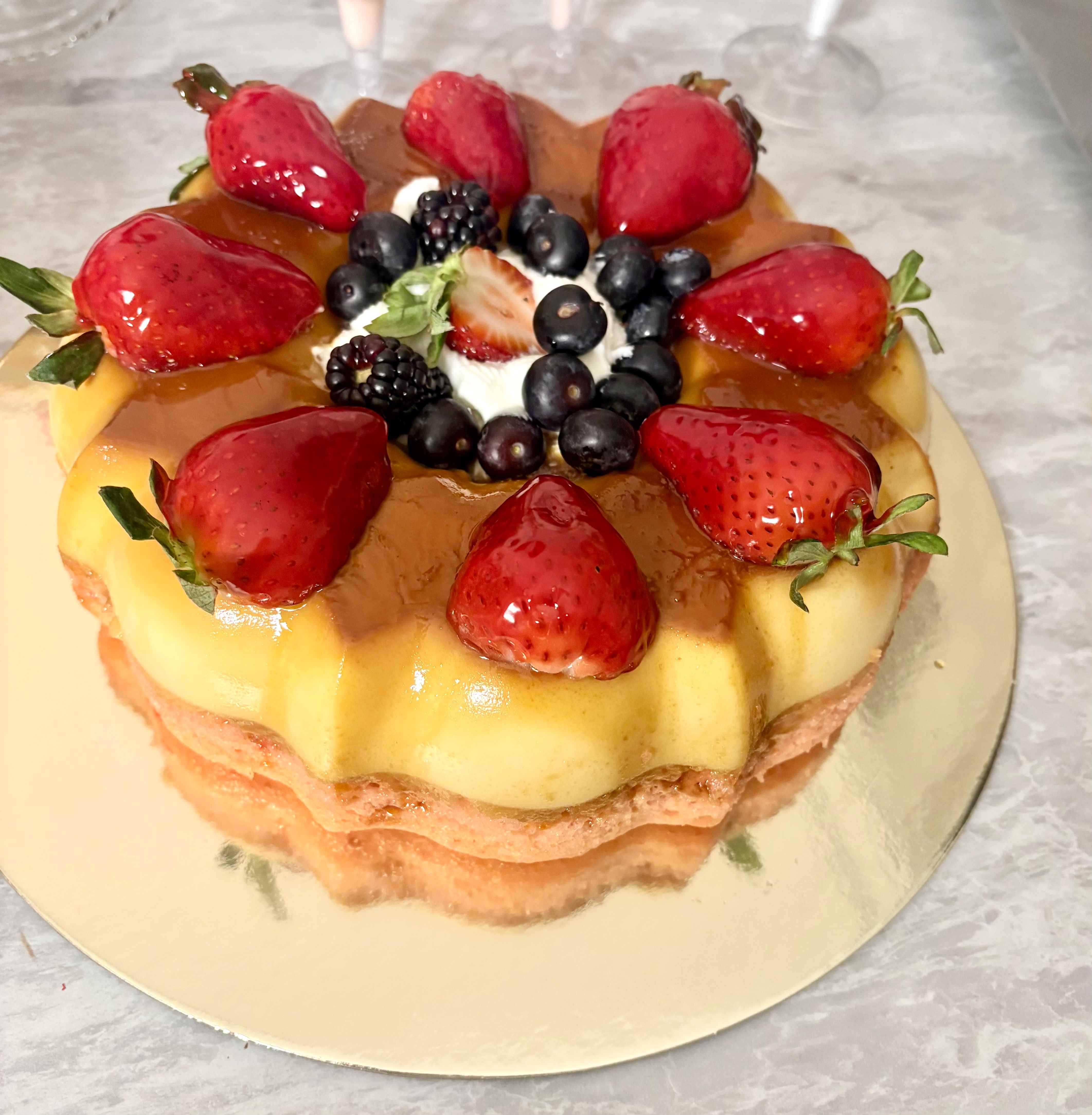 Strawberry Cream Cheese Flan Cake with Fresh Fruit